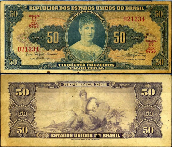 (1961) Банкнота Бразилия 1961 год 50 крузейро &quot;Изабелла&quot;   VF