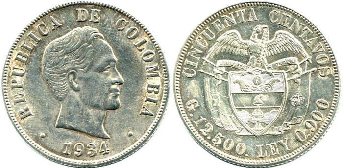 (1934) Монета Колумбия 1934 год 50 центаво &quot;Франсуа Дезире Рулен&quot;  Серебро Ag 900  UNC