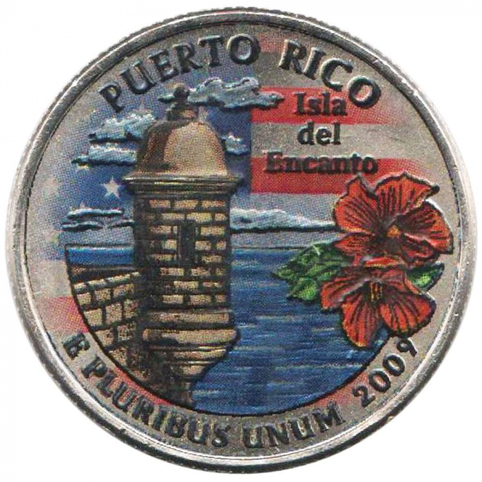 (052p) Монета США 2009 год 25 центов &quot;Пуэрто-Рико&quot;  Вариант №2 Медь-Никель  COLOR. Цветная