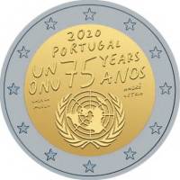 (025) Монета Португалия 2020 год 2 евро "ООН. 75 лет"  Биметалл  UNC