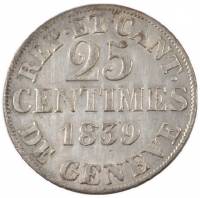 (№1839km129 (geneva)) Монета Швейцария 1839 год 25 Centimes