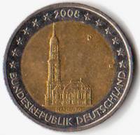 (004) Монета Германия (ФРГ) 2008 год 2 евро "Гамбург" Двор D Биметалл  VF