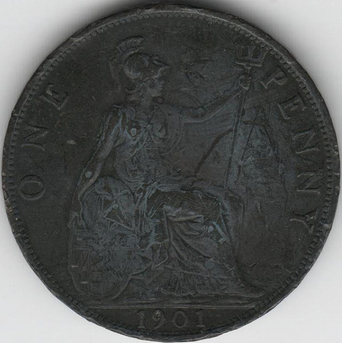 (1901) Монета Великобритания 1901 год 1 пенни &quot;Королева Виктория&quot;  Бронза  VF