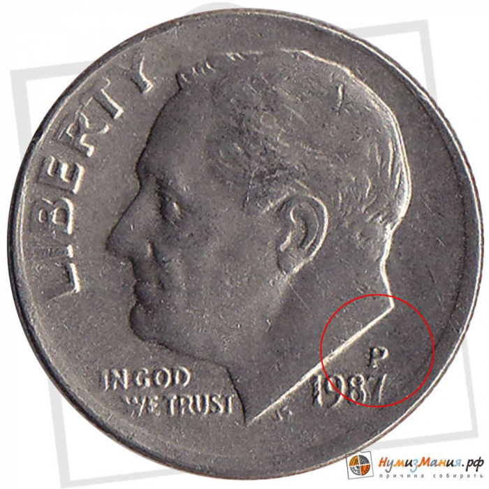 (1987p) Монета США 1987 год 10 центов  2. Медно-никелевый сплав Франклин Делано Рузвельт Медь-Никель