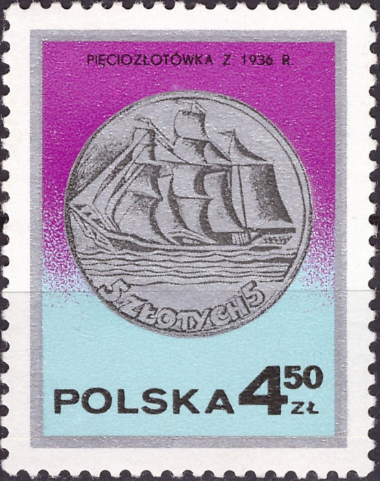 (1977-048) Марка Польша &quot;5 злотых (1936 г.)&quot;    День почтовой марки. Польская чеканка III Θ