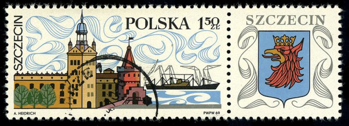 (1969-022) Марка с купоном Польша &quot;Замок и гавань в Щецине&quot;   Туризм II Θ