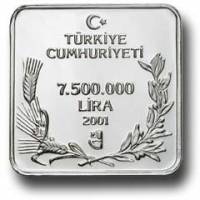 () Монета Турция 2001 год 7500000  ""   Биметалл (Серебро - Ниобиум)  AU