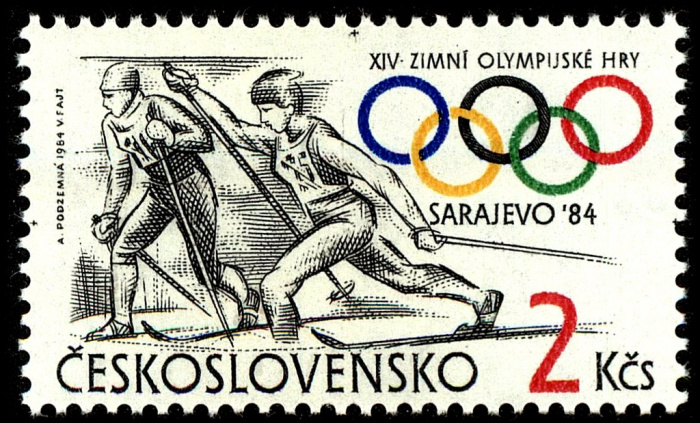 (1984-004) Марка Чехословакия &quot;Бег на лыжах&quot;    Зимние ОИ 1984, Сараево II Θ