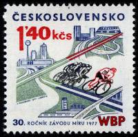 (1977-020) Марка Чехословакия "Велосипедные гонки"    30-й Международный велопробег III Θ