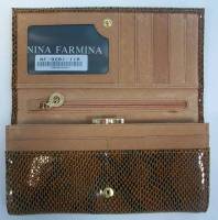 Кошелёк женский "NINA FARMINA" Фактурная кожа, 5 отделов + кармашки, Клепка, поцелуй, Коричневый №2