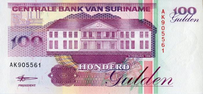 (1998) Банкнота Суринам 1998 год 100 гульденов &quot;Центральный банк&quot;   UNC