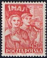 (1952-016) Марка Польша "Рабочий и работница под знаменем (Красная)"   1 мая День труда II Θ
