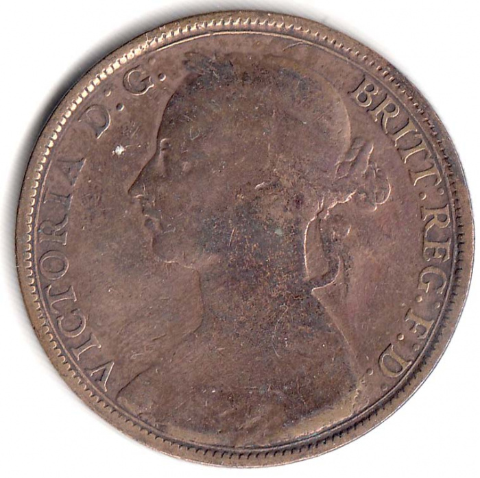 (1891) Монета Великобритания 1891 год 1 пенни &quot;Королева Виктория&quot;  Бронза  VF