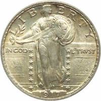 (1917d) Монета США 1917 год 25 центов "Стоящая Свобода" 2. Дата на постаменте Серебро Ag 900  XF
