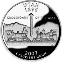 (045s, Ag) Монета США 2007 год 25 центов "Юта"  Серебро Ag 900  PROOF