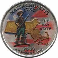 (006d) Монета США 2000 год 25 центов "Массачусетс"  Вариант №2 Медь-Никель  COLOR. Цветная