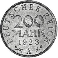 1923A Монета Германия Веймар 200 марок  Алюминий  UNC