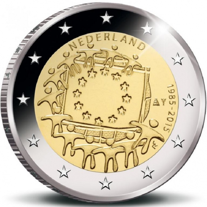 (008) Монета Нидерланды 2015 год 2 евро &quot;30 лет флагу Европы&quot;  Биметалл  UNC