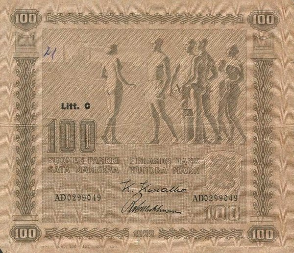 (,) Банкнота Финляндия 1922 год 100 марок    UNC