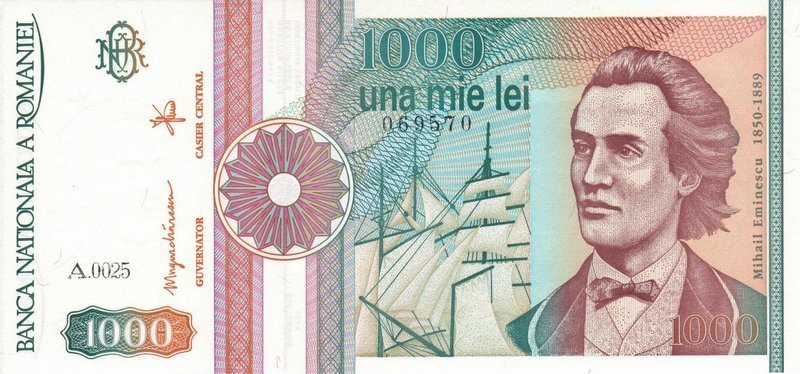 (,) Банкнота Румыния 1991 год 1 000 лей &quot;Михаил Эминеску&quot;   UNC
