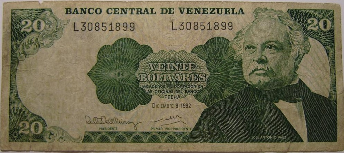 (1992) Банкнота Венесуэла 1992 год 20 боливаров &quot;Хосе Антонио Паэс&quot;   VF