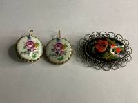 Серьги СССР фарфор Чехия и брошь Жостово