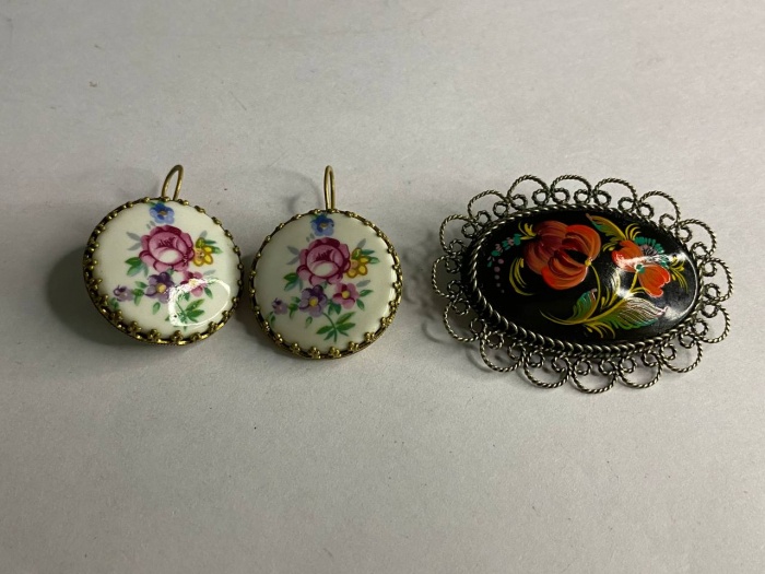 Серьги СССР фарфор Чехия и брошь Жостово
