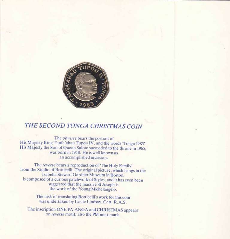 (1983) Монета Тонга 1983 год 1 паанга &quot;Рождество&quot; Медь-Никель  Буклет