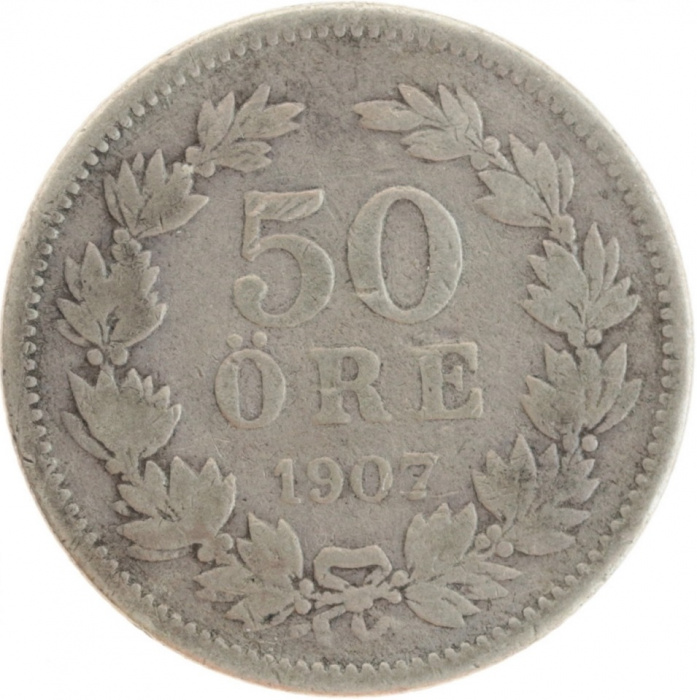 (1907) Монета Швеция 1907 год 50 эре   Серебро Ag 600  VF