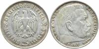 (1936f) Монета Германия 1936 год 5 марок "Пауль Гинденбург" Без свастики Серебро Ag 900  XF