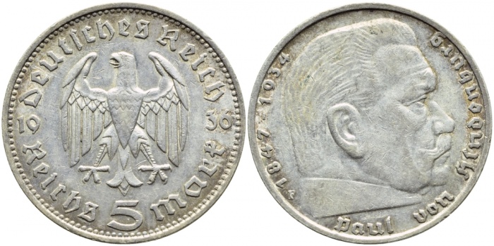 (1936f) Монета Германия 1936 год 5 марок &quot;Пауль Гинденбург&quot; Без свастики Серебро Ag 900  XF
