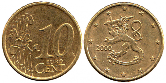 (2000) Монета Финляндия 2000 год 10 евроцентов  1-й тип образца 1999-2006 с буквой М Скандинавский с