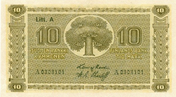 (1922 Litt A) Банкнота Финляндия 1922 год 10 марок    UNC