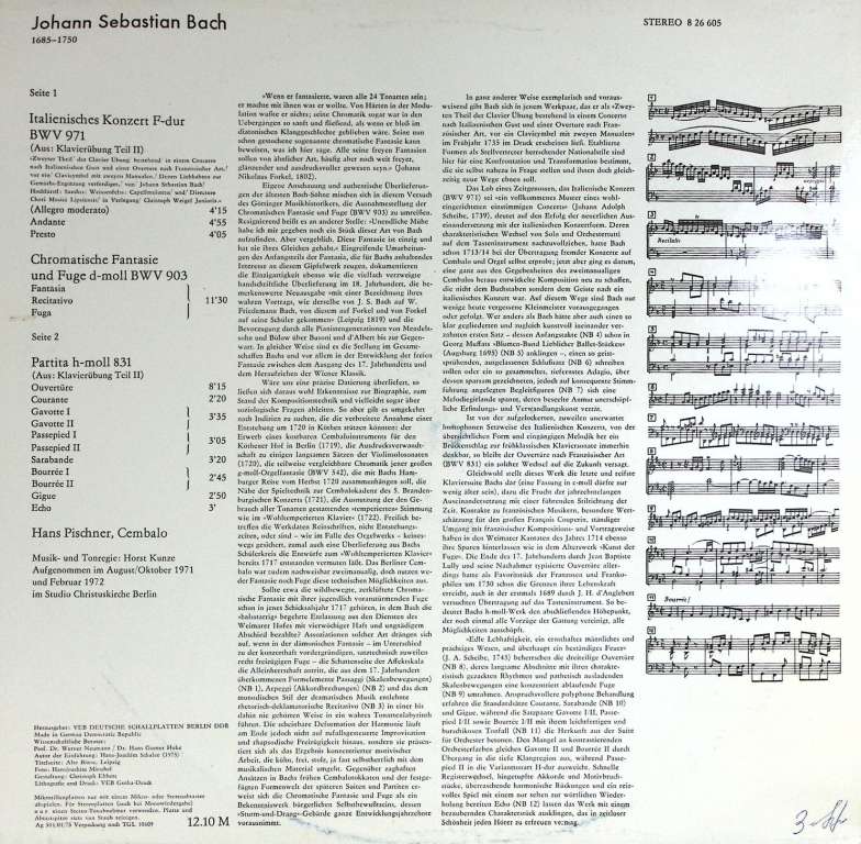 Пластинка виниловая &quot;J. Bach. Italienisches Koncert &quot; ETERNA 300 мм. Excellent