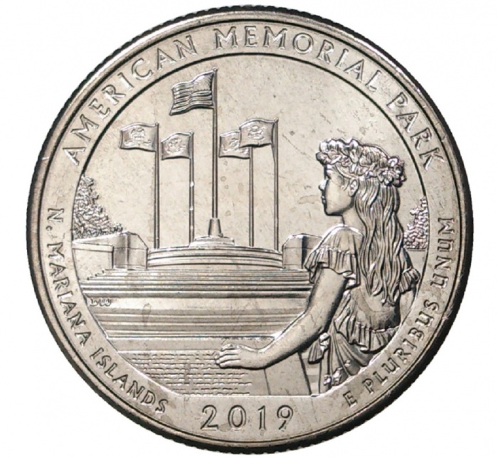 047s Монета США 2019 год 25 центов Американский мемориальный парк  Медь-Никель  UNC