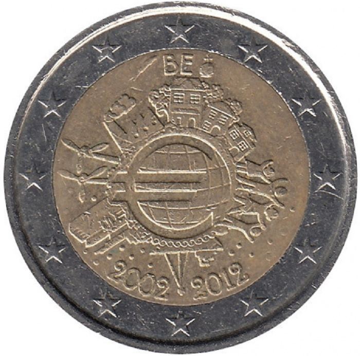 (009) Монета Бельгия 2012 год 2 евро &quot;10 лет наличному обращению Евро&quot;  Биметалл  XF