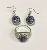 Набор украшений "Финифть", серебрение, серьги и кольцо (сост. на фото)