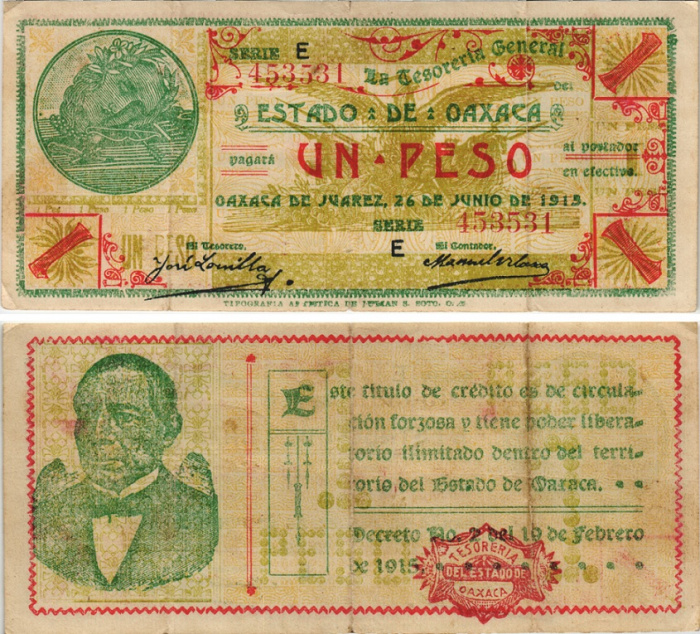 (1915) Банкнота Мексика (Оахака) 1915 год 1 песо &quot;Бенито Хуарес&quot;   VF