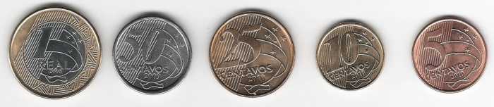 Набор монет Бразилия (5 монет) 2008-2010 годы, 5, 10, 25, 50 сентаво и 1 реал, AU