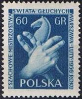 (1956-002) Марка Польша "Шахматный конь "   Первый Чемпионат мира по шахматам для глухонемых I Θ