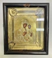 Смоленская икона Божией Матери, масло, дерево, с киотом, с окладом из латуни, 19 век