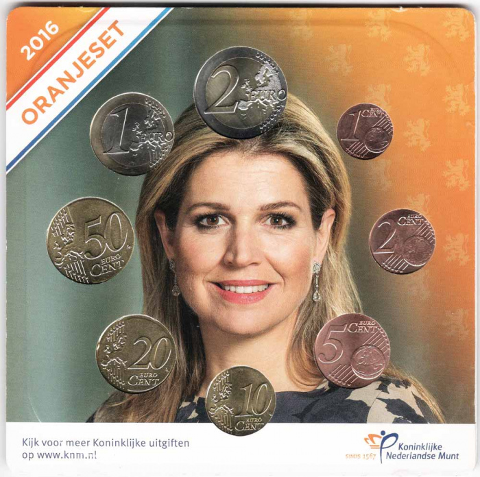 Набор монет Евро Нидерланды 2016 год (8 монет) &quot;Король Виллем-Александр и Королева&quot; В блистере, AU