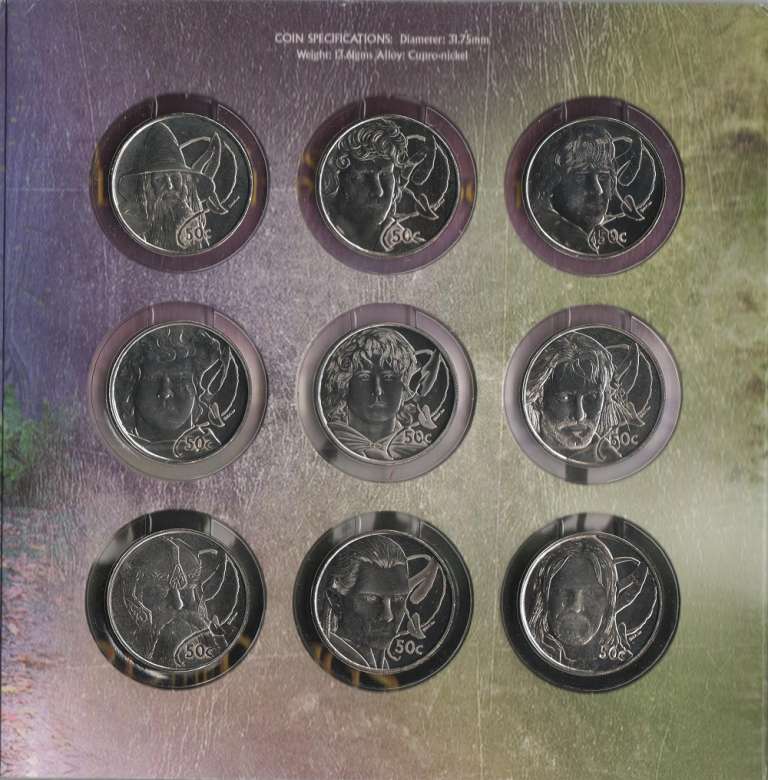 (2003, 9 монет по 50 центов) Набор монет Новая Зеландия 2003 год &quot;Властелин колец&quot;   Буклет