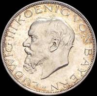 (,) Монета Германия (Бавария) 1914 год 3 марки   Серебро Ag 900  UNC