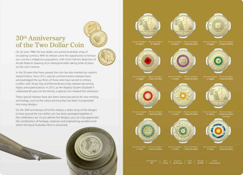 (2018, 12 монет по 2$) Набор монет Австралия 2018 год &quot;Монета в 2$. 30 лет&quot;  PROOF