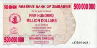 Банкнота Чек на предъявителя Зимбабве 2008 год 500 000 000 долларов ГЭС Кариба   UNC