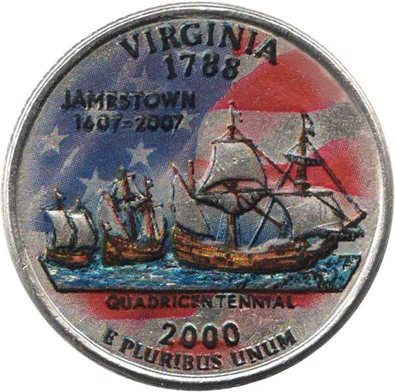 (010d) Монета США 2000 год 25 центов &quot;Виргиния&quot;  Вариант №2 Медь-Никель  COLOR. Цветная