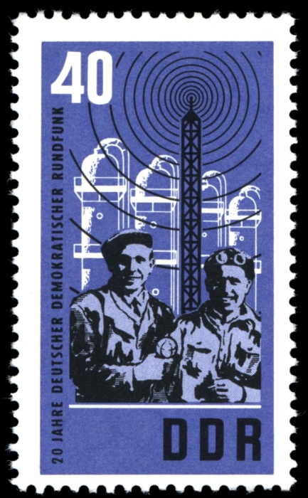 (1965-029) Марка Германия (ГДР) &quot;Антена&quot;  синяя  Радио ГДР 20 лет II O
