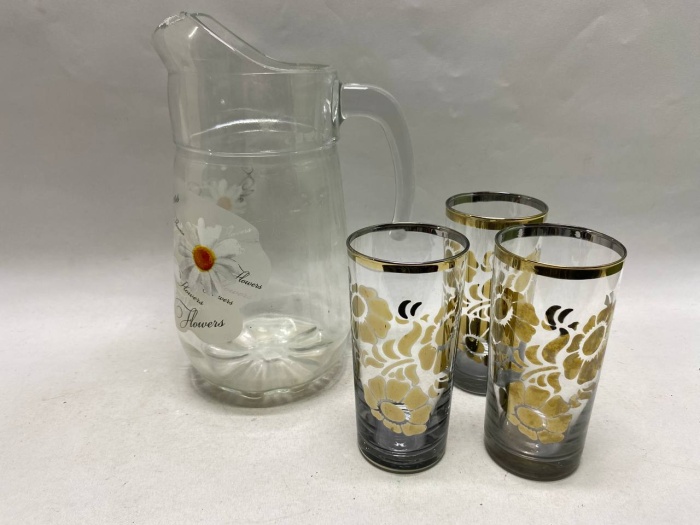 Кувшин + 3 стакана стекло с рисунком