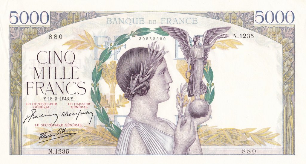 (№1943P-97d.2) Банкнота Франция 1943 год &quot;5,000 Francs&quot; (Подписи: J)